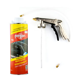 Set ceara protectie anticoroziune pentru cavitati caroserie (prag, lonjeron, portiera, aripi) - Fertan Cavity Protection Wax - 1 l cu pistol pulverizator si tub prelungitor